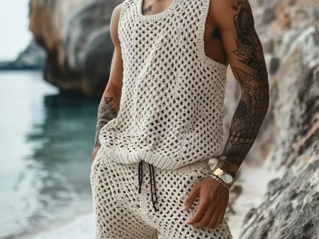 Men s Solid Hollow Out Sleeveless Vest And Short For Sale