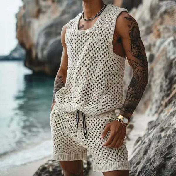 Men s Solid Hollow Out Sleeveless Vest And Short For Sale