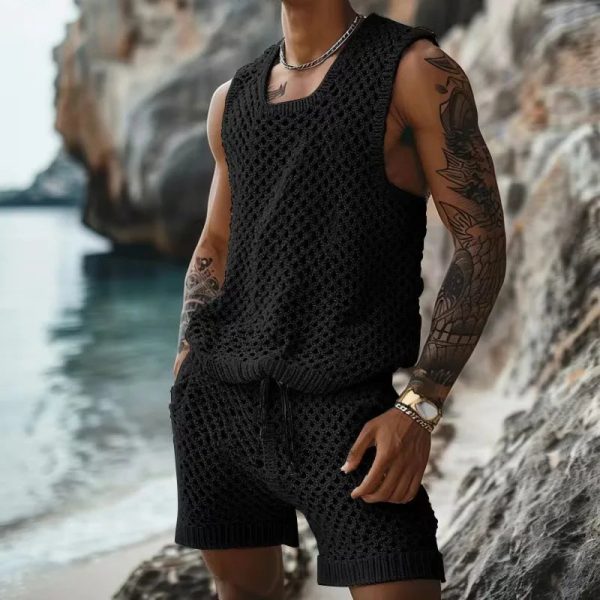 Men s Solid Hollow Out Sleeveless Vest And Short For Sale